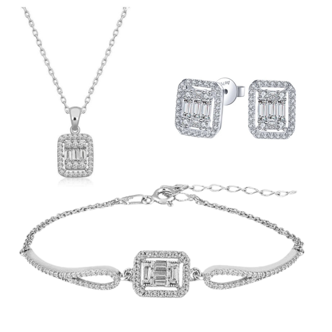 3-Piece 925k Silver Baguette Jewelry Set - 18k Gold Plated