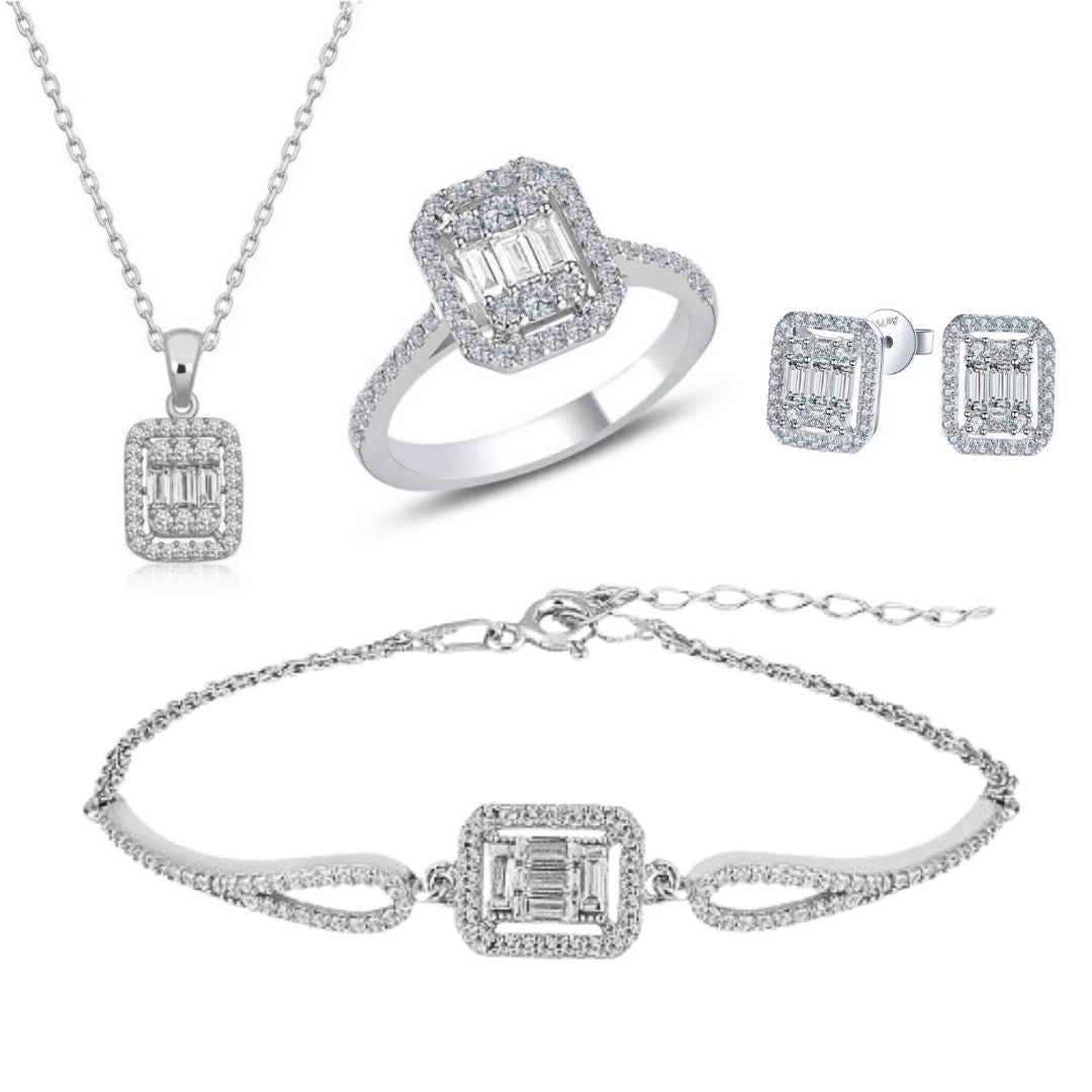 4-Piece 925k Silver Baguette Jewelry Set - 18k Gold Plated