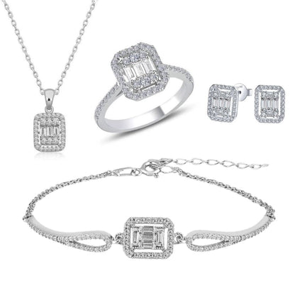 4-Piece 925k Silver Baguette Jewelry Set - 18k Gold Plated